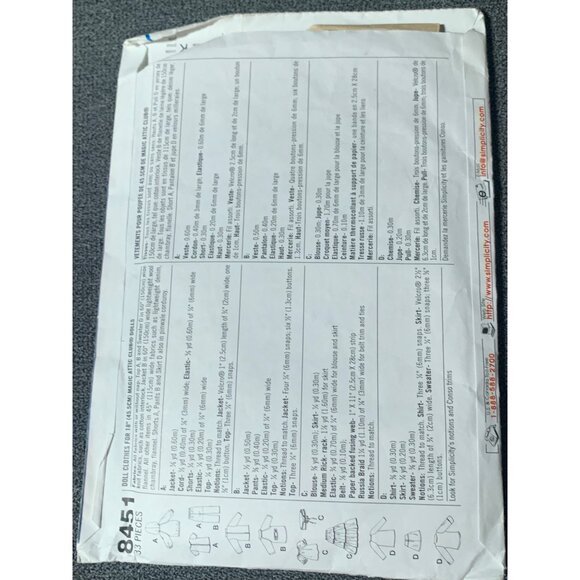 Simplicity Magic Attic Club 8451 18" Doll Clothes Sewing Pattern - Picture 2 of 2